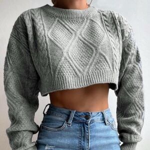 Gray Cable Knit Cropped Sweater